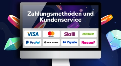 Zahlungsmethoden und Kundensupport-Logos.