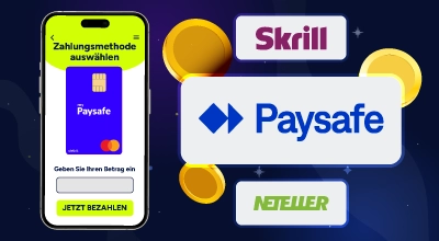 Deutsche Zahlungsseite mit Paysafe-, Skrill- und Neteller-Optionen.
