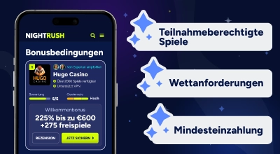 Bonusbedingungen mit Wettanforderungen, Mindesteinzahlung und teilnahmeberechtigten Spielen.