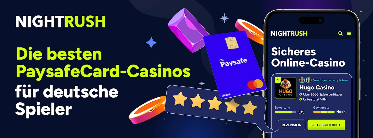 Die besten Freispiel-Casinos: Die besten PaysafeCard-Casinos für deutsche Spieler, präsentiert mit dem NightRush-Gütesiegel.