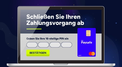 PaysafeCard-Zahlungsbestätigung mit PIN-Eingabefeld.