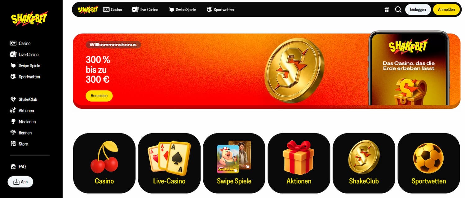 ShakeBet Casino Startseite mit Willkommensbonus