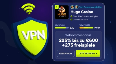 VPN-Symbol neben Casino-Bonuskarte mit Angeboten.