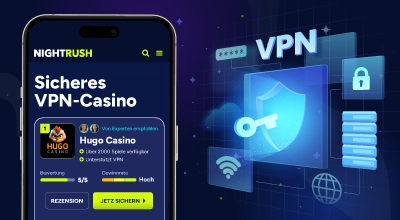 VPN-Sicherheitssymbol neben Handy mit Casino-Anzeige.