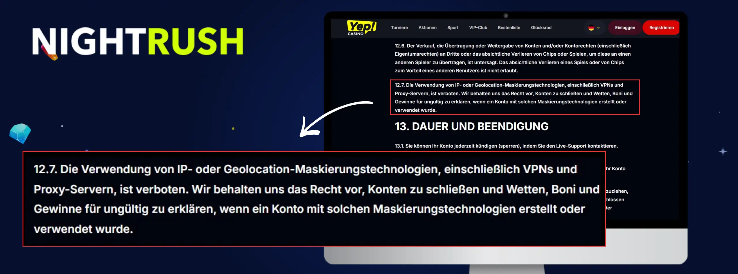 Yep Casino AGB zu Verwendung von IP- oder Geolocation-Maskierungstechnologien