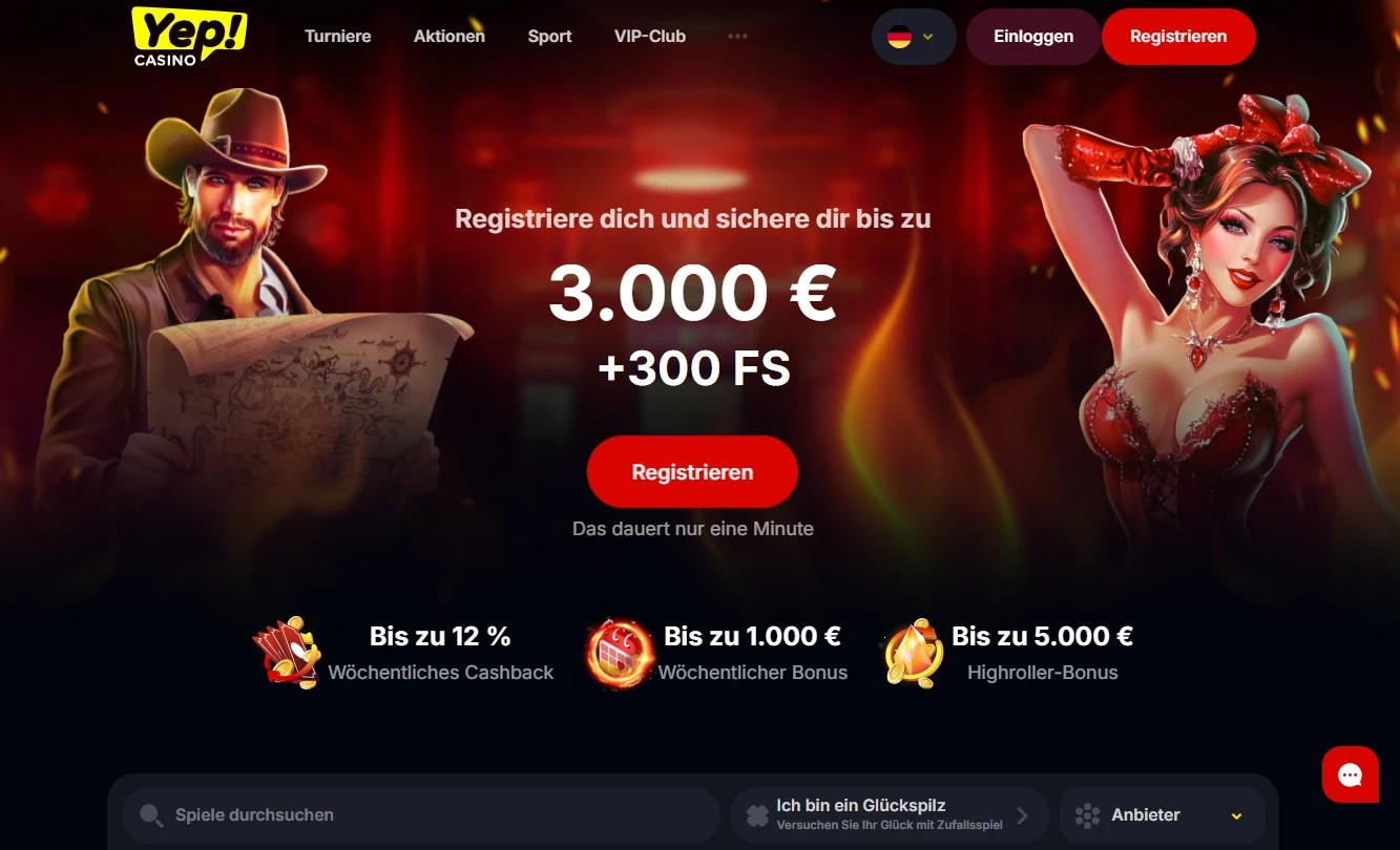 Yep Casino Homepage mit Slots und Casino Spielen