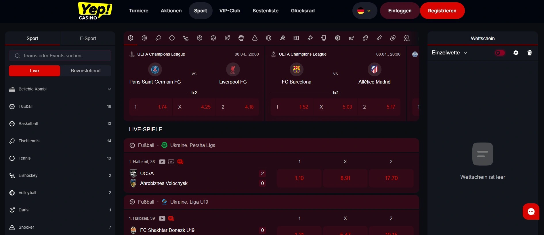 Yep Casino Sportwetten und Live Wetten