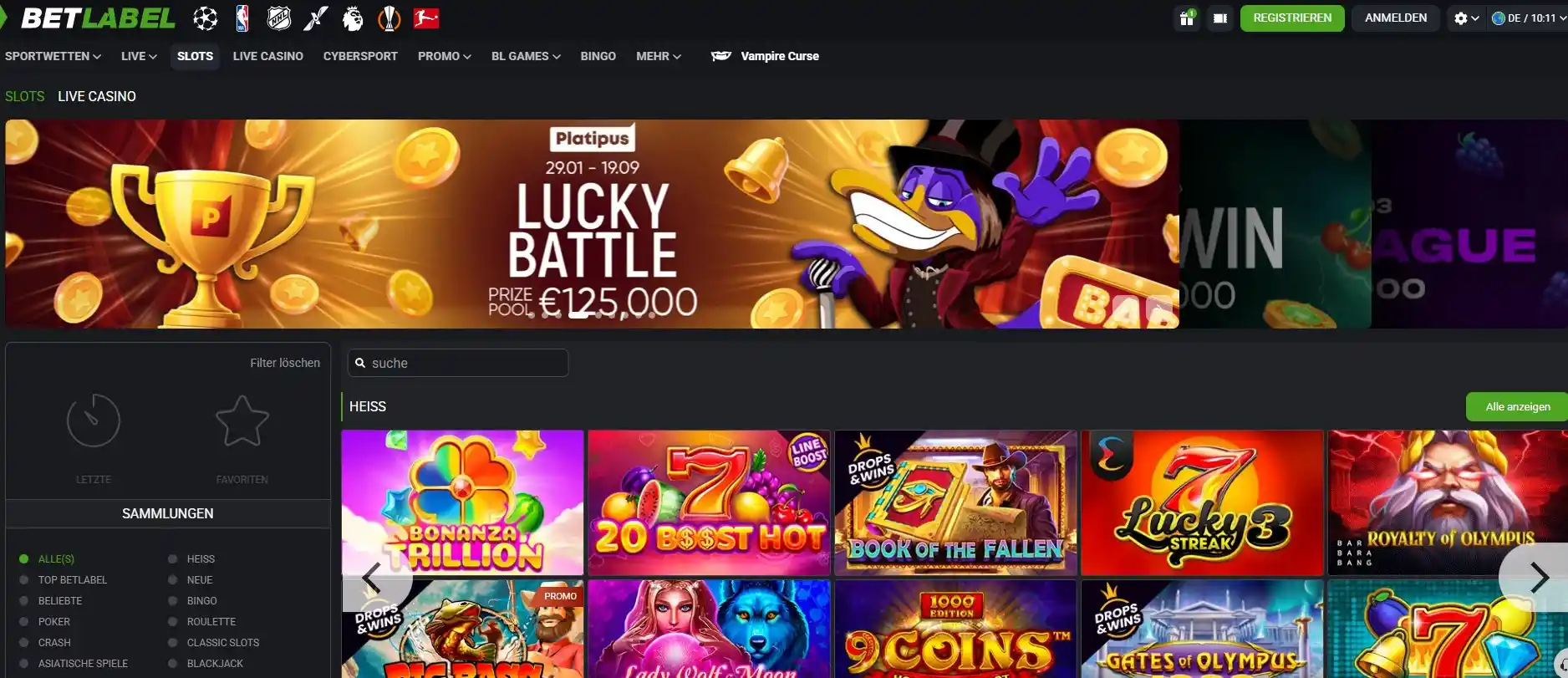 BetLabel Casino Startseite mit Slots und Aktionen