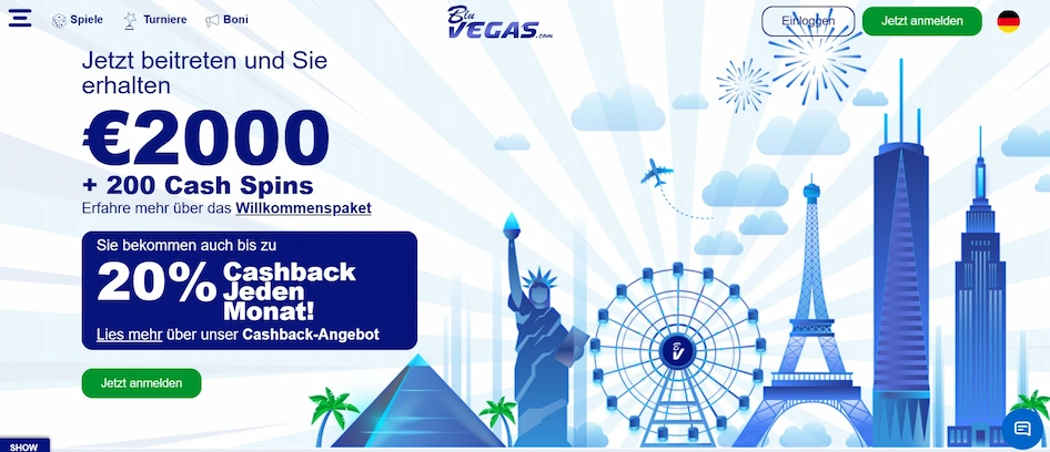 Screenshot der BluVegas Casino Startseite