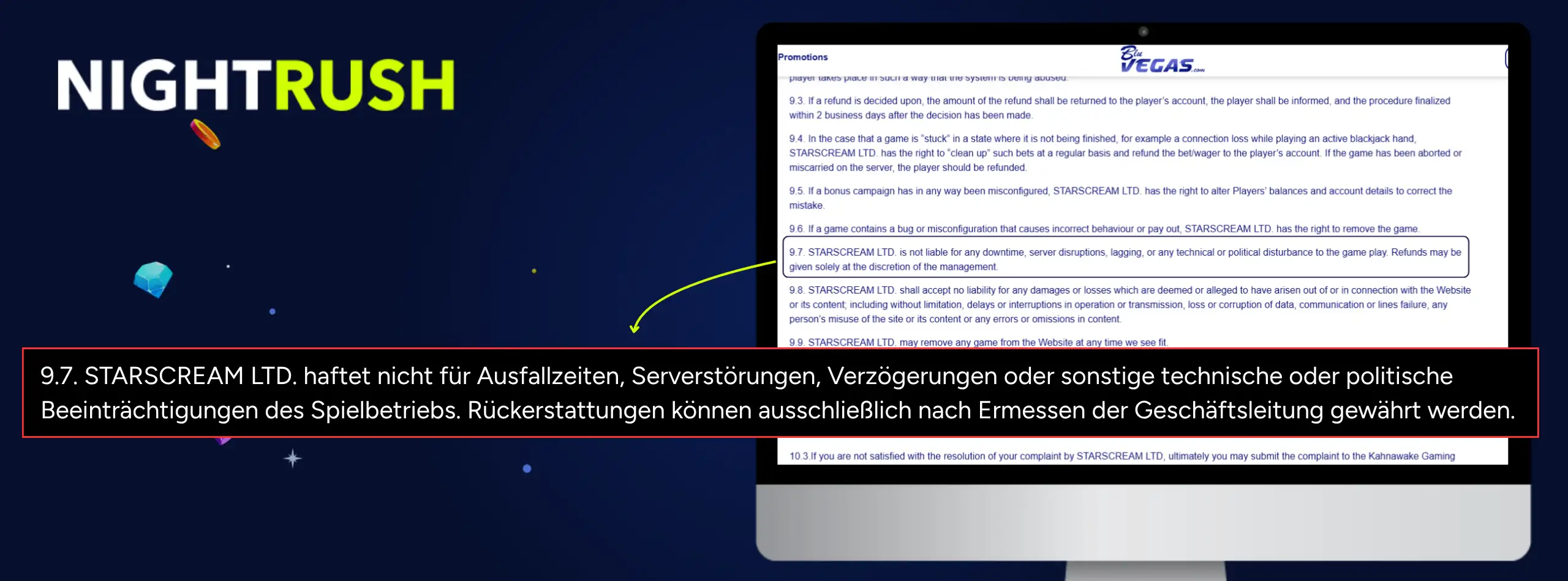 Monitor zeigt die Seite mit den Allgemeinen Geschäftsbedingungen von BluVegas. Ein Hinweisfeld hebt Abschnitt 9.7 hervor.