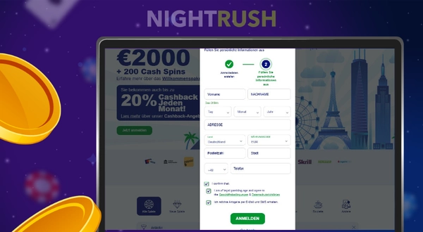 Laptop zeigt das BluVegas Registrierungsformular mit Bereichen für persönliche Daten.