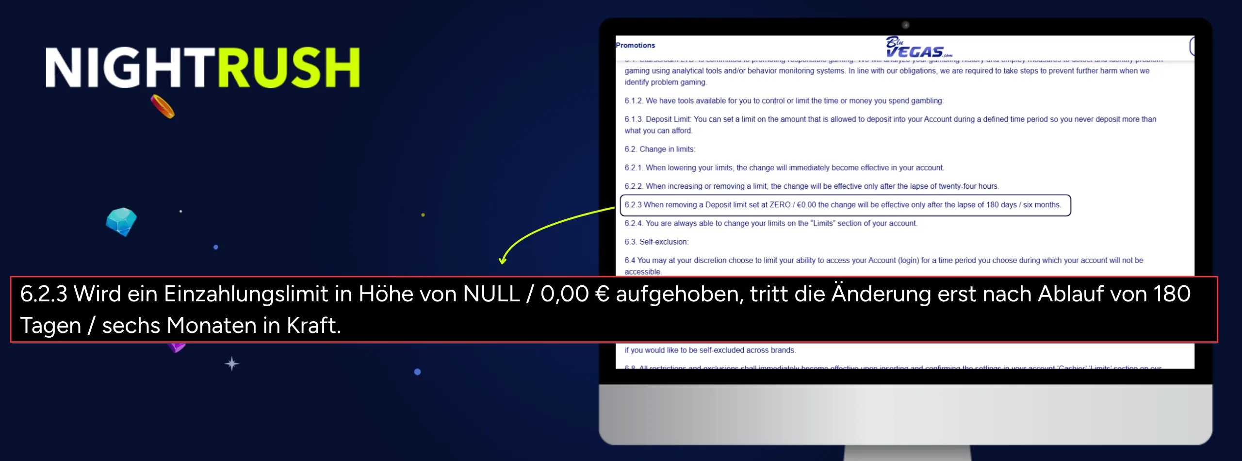 Monitor zeigt die Seite mit den Allgemeinen Geschäftsbedingungen von BluVegas an. Ein Hinweisfeld hebt Abschnitt 6.2.3 hervor.