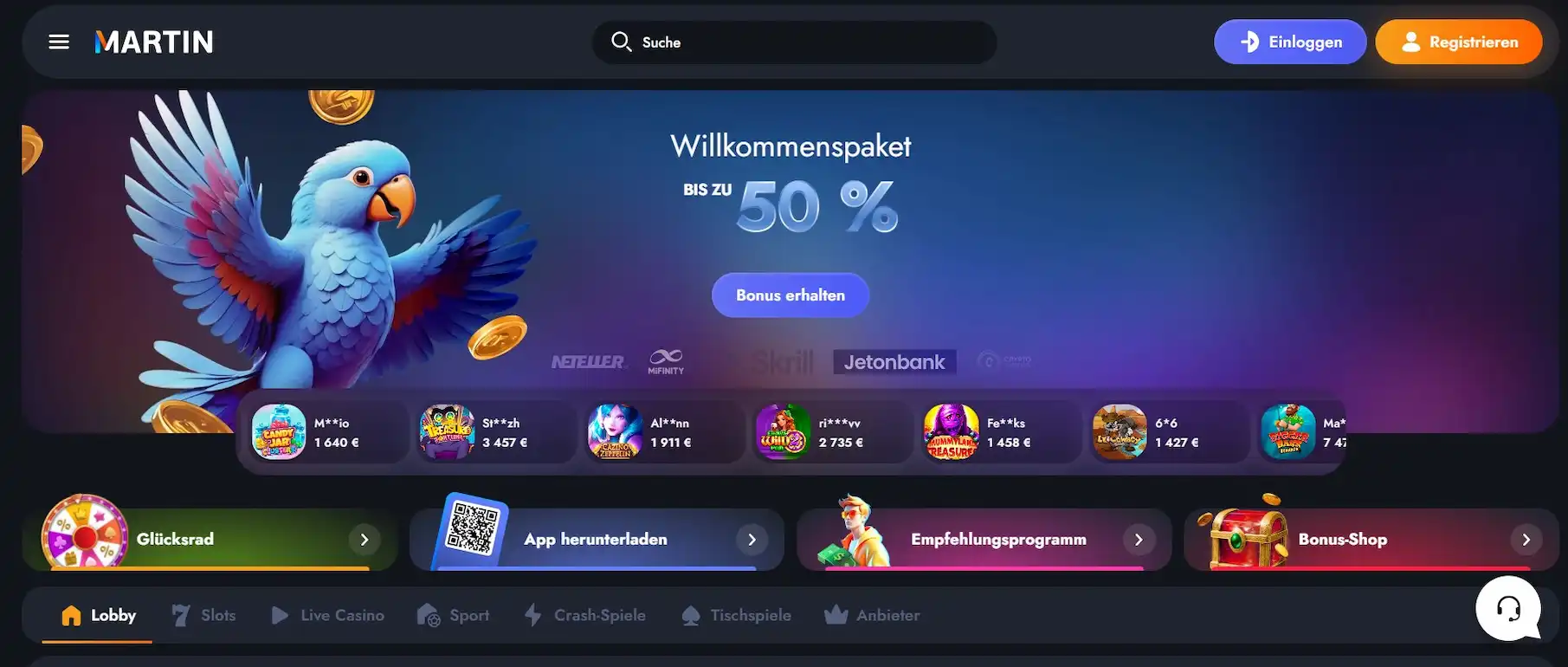 Martin Casino Startseite mit Casino Spielen und Willkommenspaket