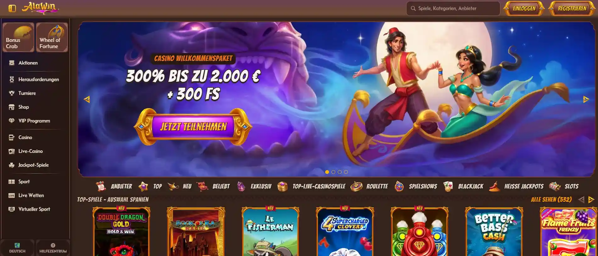 Alawin Casino Homepage mit Willkommenspaket