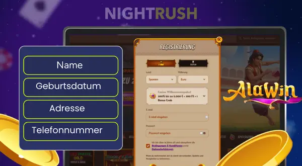 Alawin Casino Webseite mit Registrierungsformular