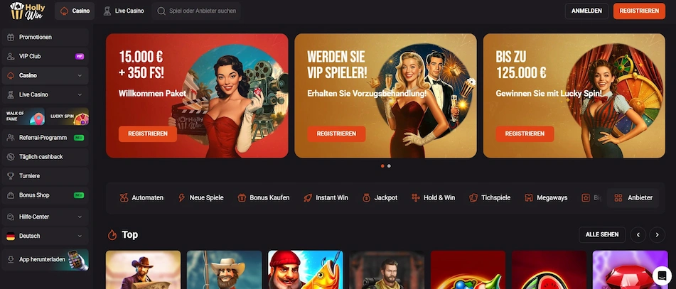 HollyWin Casino Startseite mit Willkommenspaket Angeboten