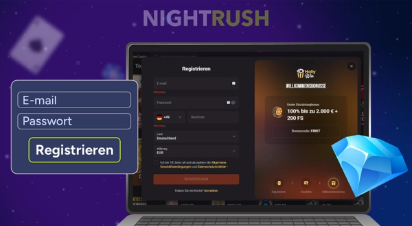 Auf dem Laptop ist die Registrierungsseite von HollyWin Casino zu sehen.