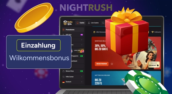 Auf dem Laptop sind die Willkommensbonus-Bedingungen von HollyWin Casino zu sehen.