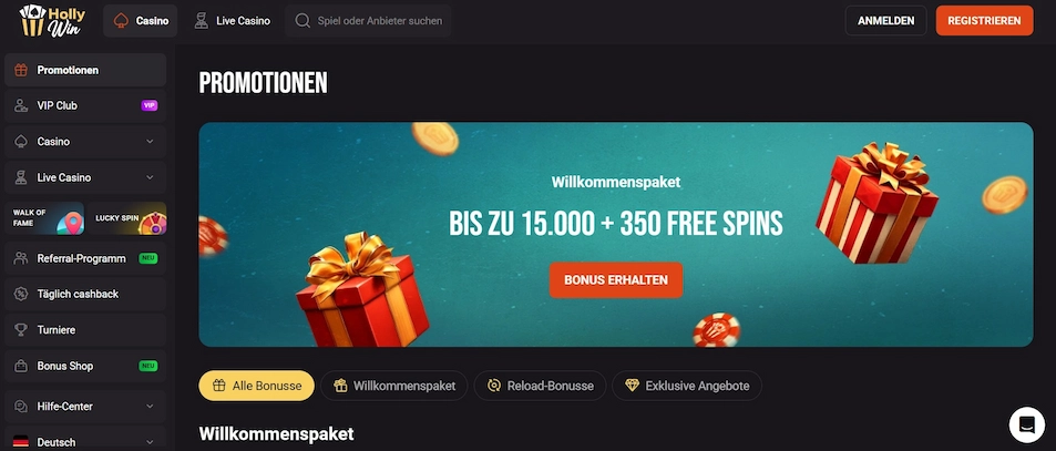 HollyWin Casino Promotionen mit Willkommenspaket und Freispielen