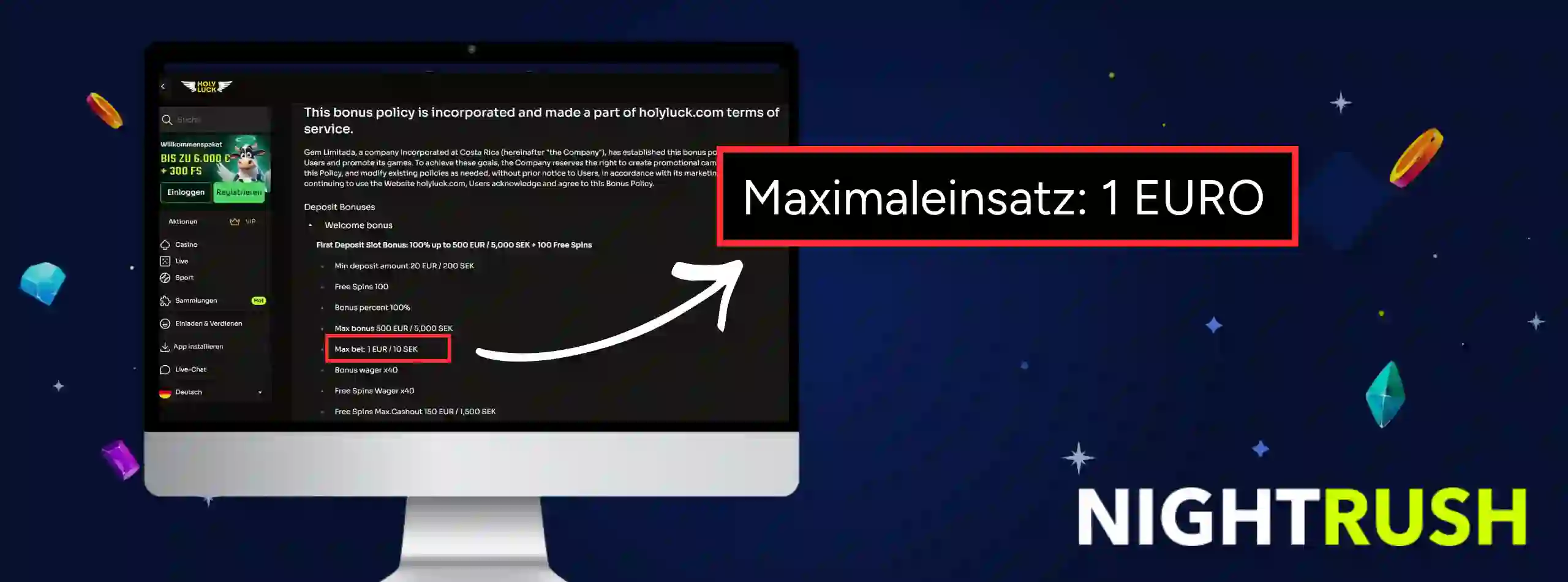 Monitor, auf dem die Seite mit den AGB für Holyluck angezeigt wird. Ein Callout-Feld hebt das Einsatzlimit hervor.