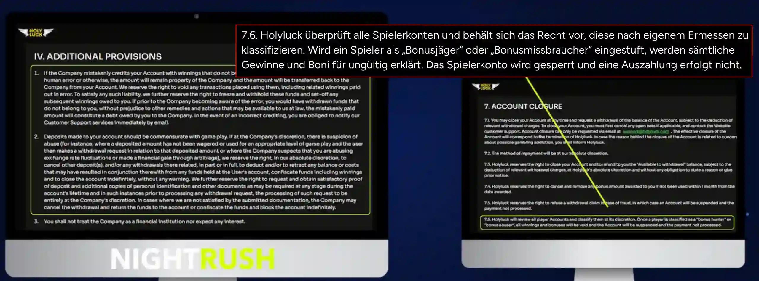 Monitor, auf dem die Seite mit den AGB für Holyluck angezeigt wird. Ein Callout-Feld hebt Punkt 7.6 hervor.