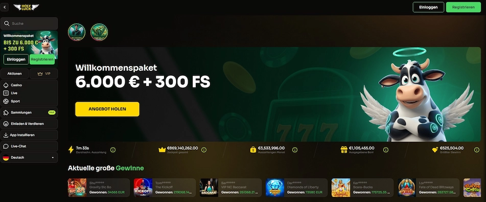 Holyluck Casino Startseite mit Willkommensbonus