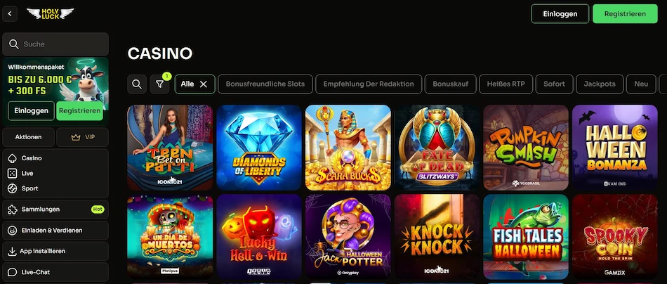 Holyluck Casino Spielauswahl.