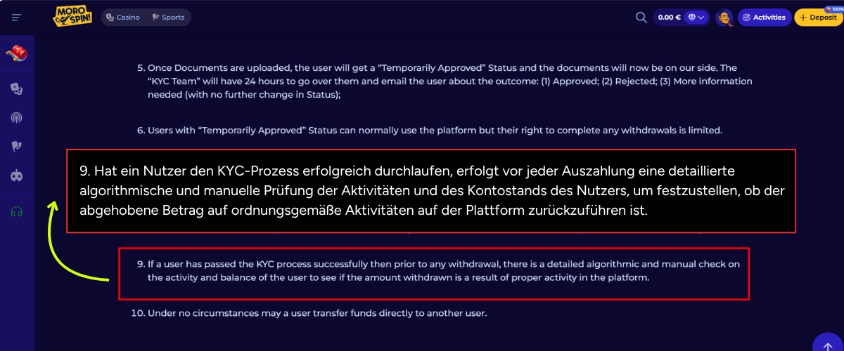 Morospin Casino KYC-Prüfungen.