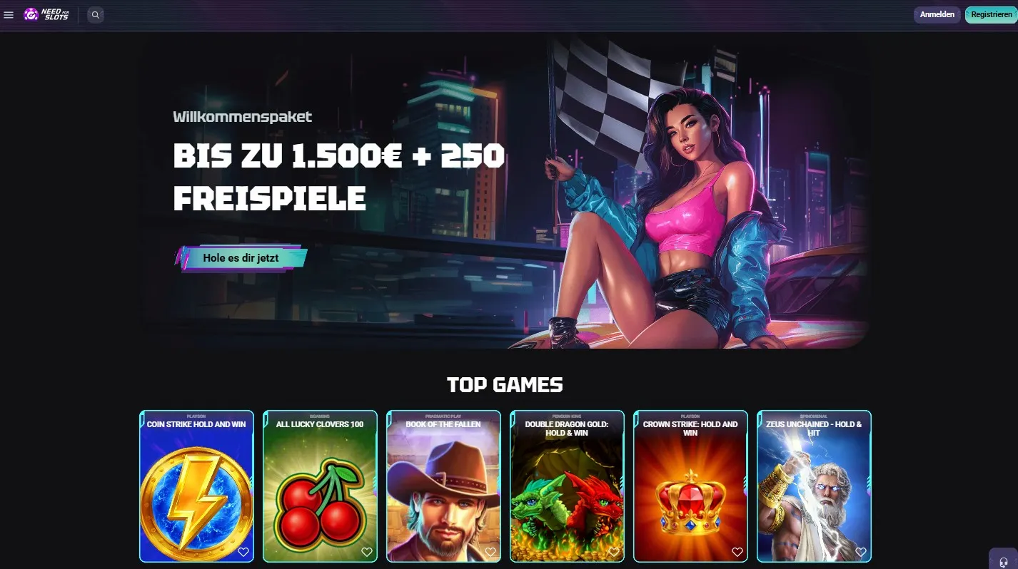 Needforslots Casino Startseite mit Willkommenspaket und Top Spielen 