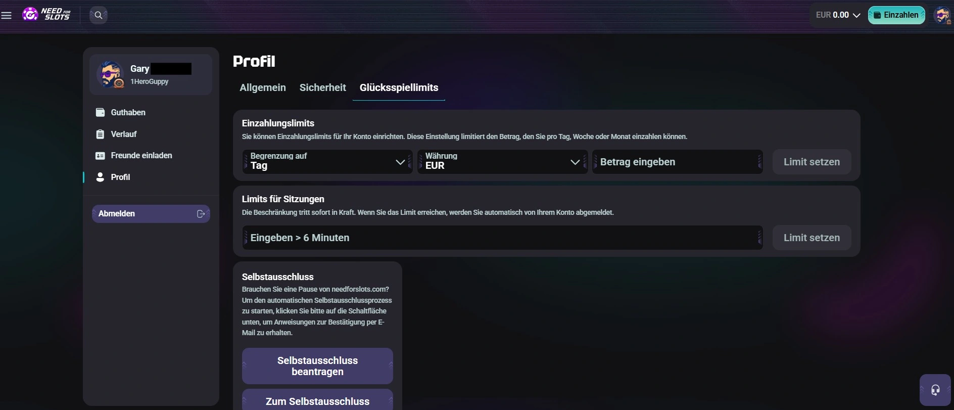Needforslots Casino Profil mit Glücksspiellimits.