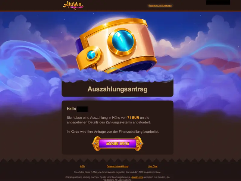 Auszahlungsantrag im Alawin Casino