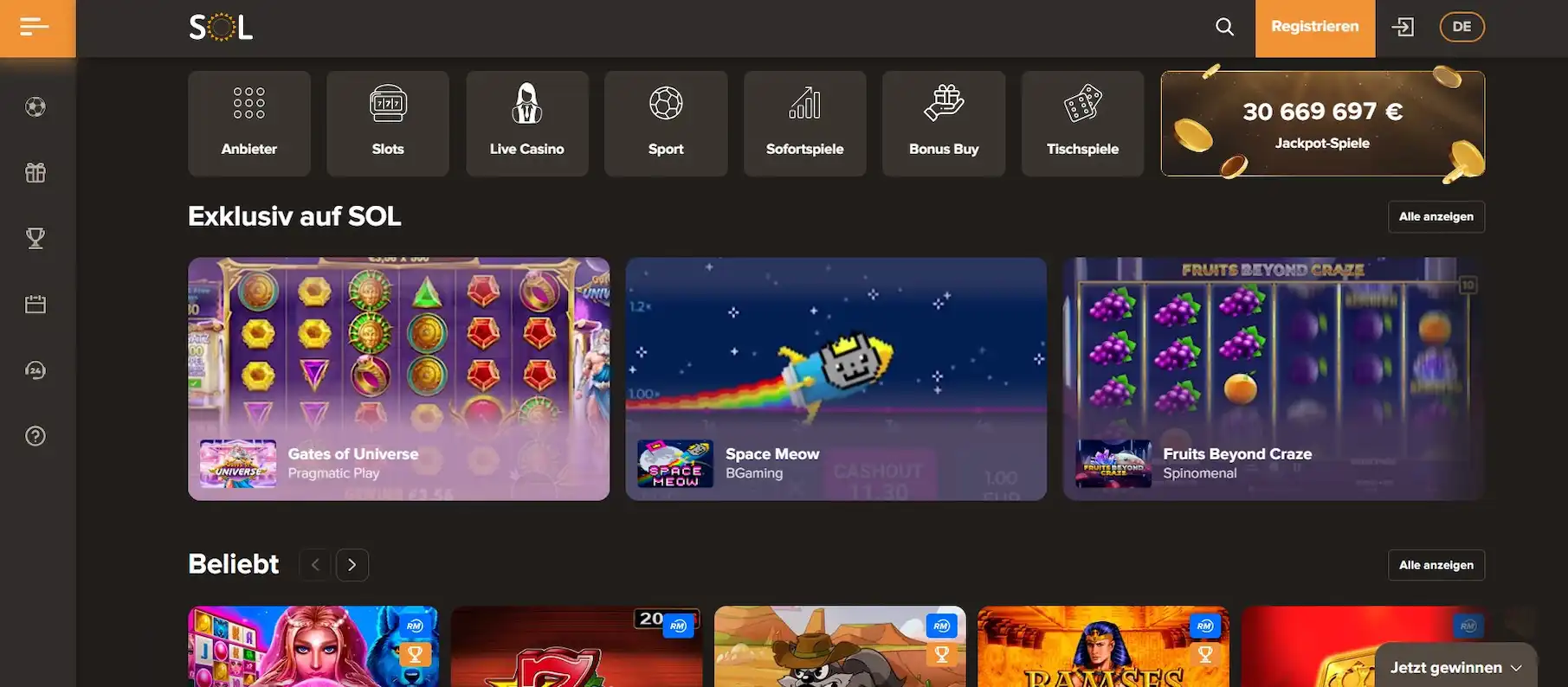 SOL Casino Startseite mit exklusiven Slots