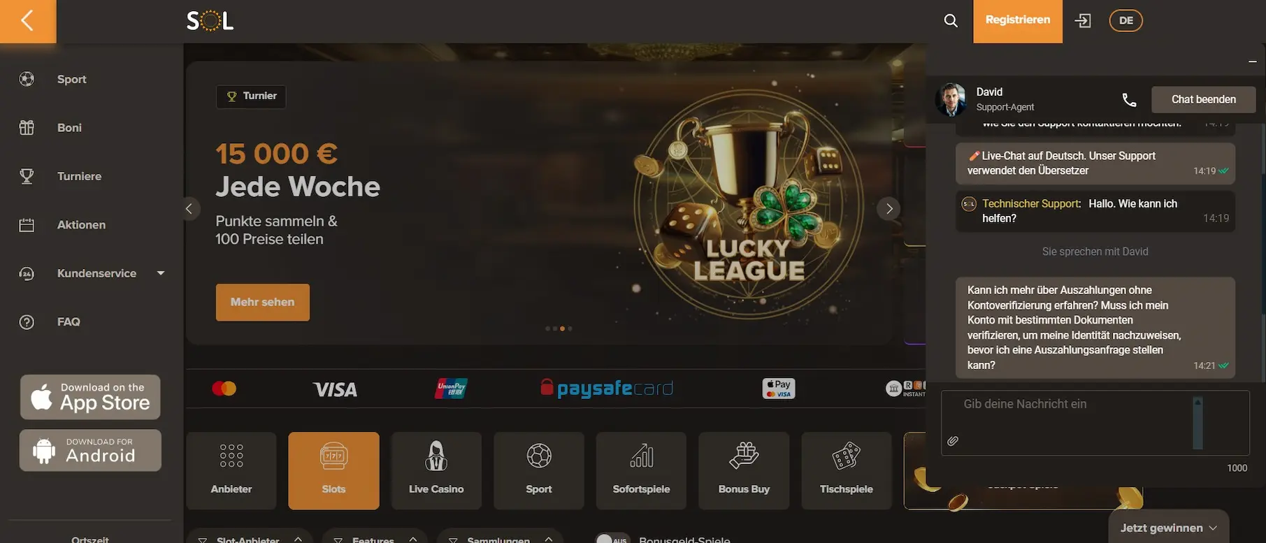 SOL Casino Live-Chat-Unterhaltung