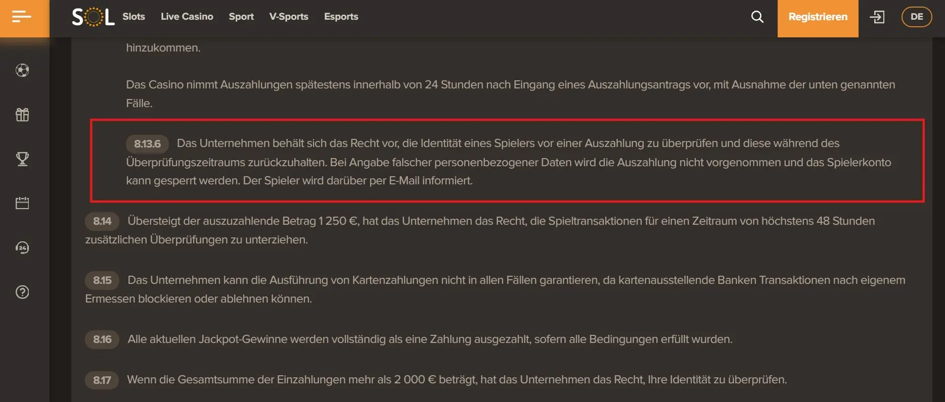 SOL Casino Kontoverifizierungsbedingungen