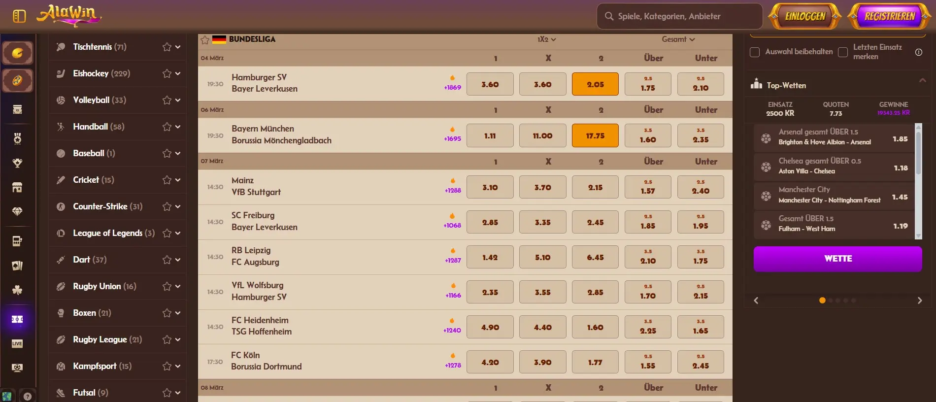 Alawin Casino Sportwetten und Live Wetten