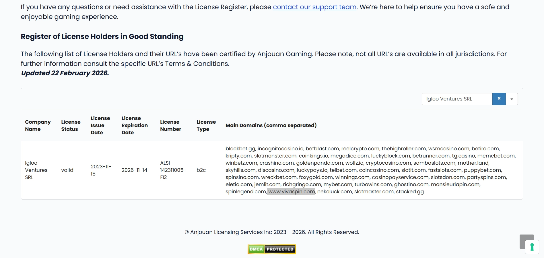 Vivaspin Casino Anjouan Glücksspiellizenz.