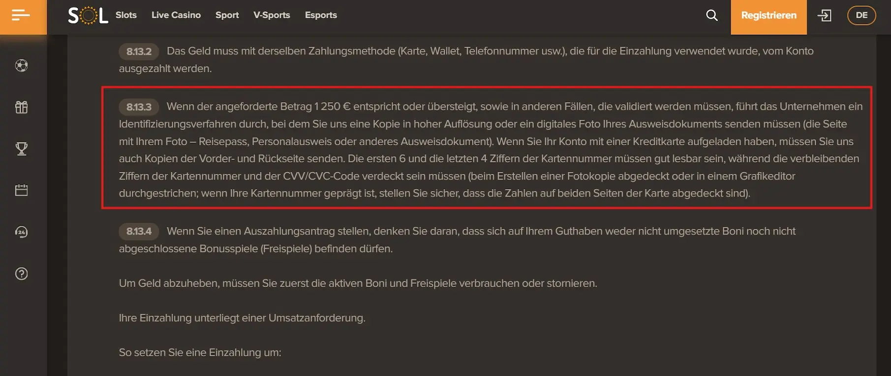 SOL Casino Allgemeine Geschäftsbedingungen
