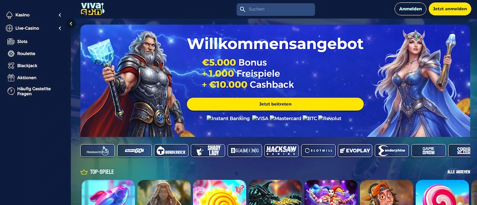 Vivapsin Casino Startseite mit Willkommensbonus.