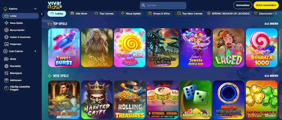 Vivaspin Casino Lobby mit Slots