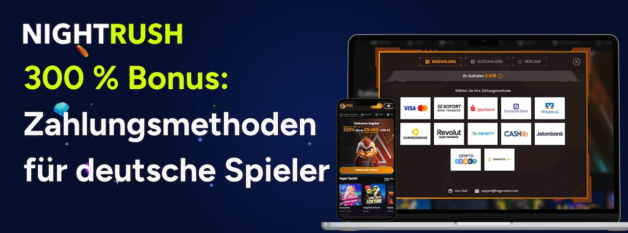 Nightrush 300% Bonus: Zahlungsmethoden für deutsche Spieler – Interface-Vorschau auf Desktop und Mobile.