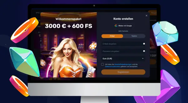 Der Laptop zeigt das Registrierungsformular von VOX Casino.