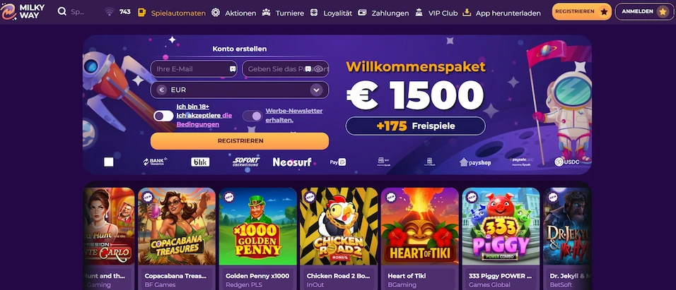 Milkyway Casino Startseite mit Willkommenspaket.