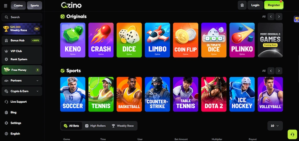 Qzino Casino Startseite mit Willkommensbonus