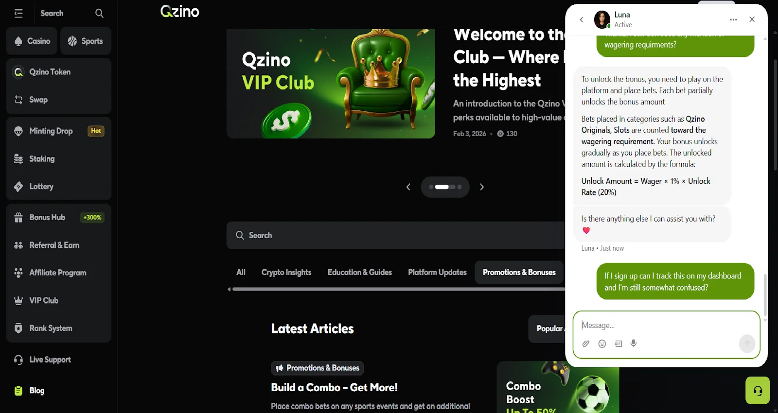 Qzino Casino Live Chat mit Kundendienst