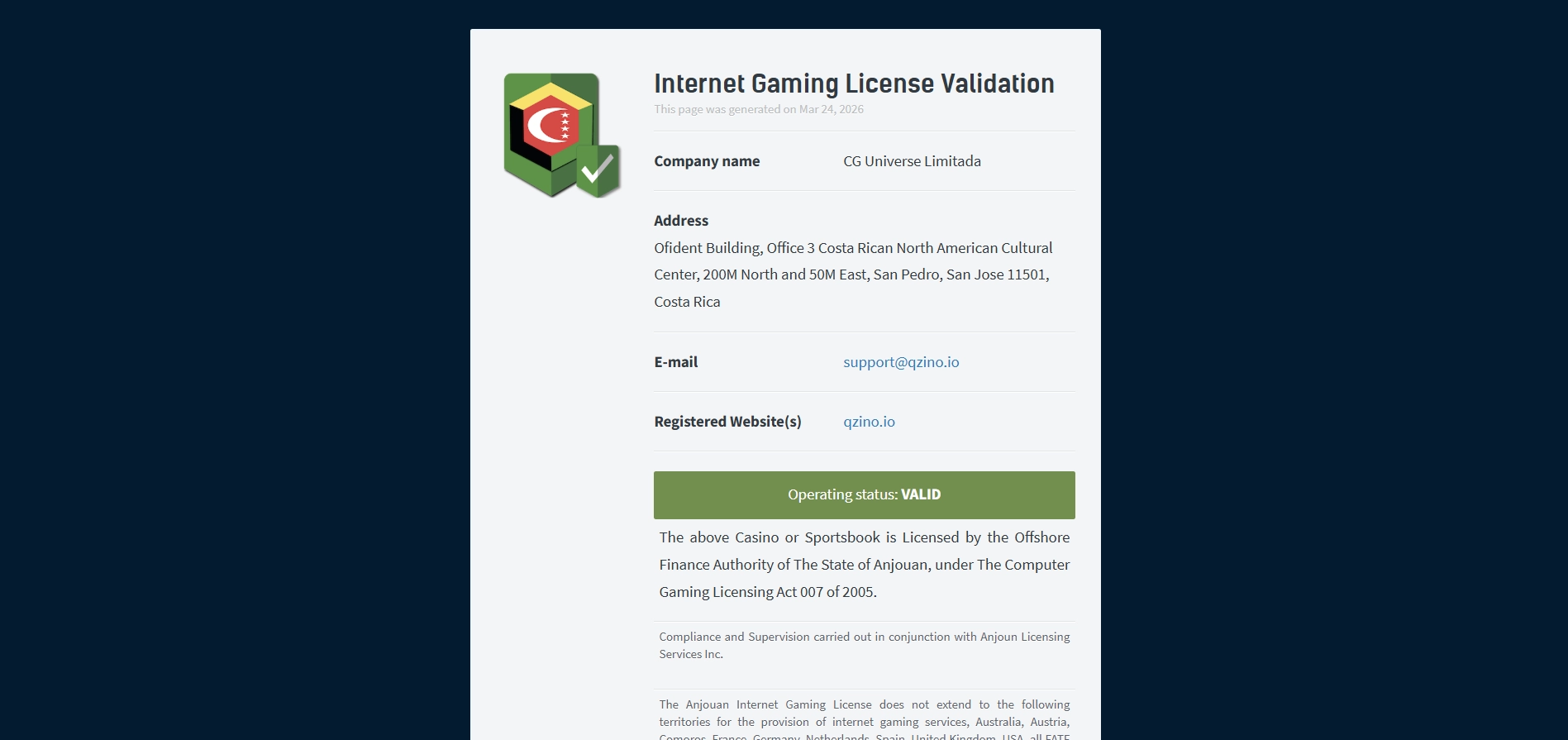 Qzino Casino Internet Gaming Lizenz