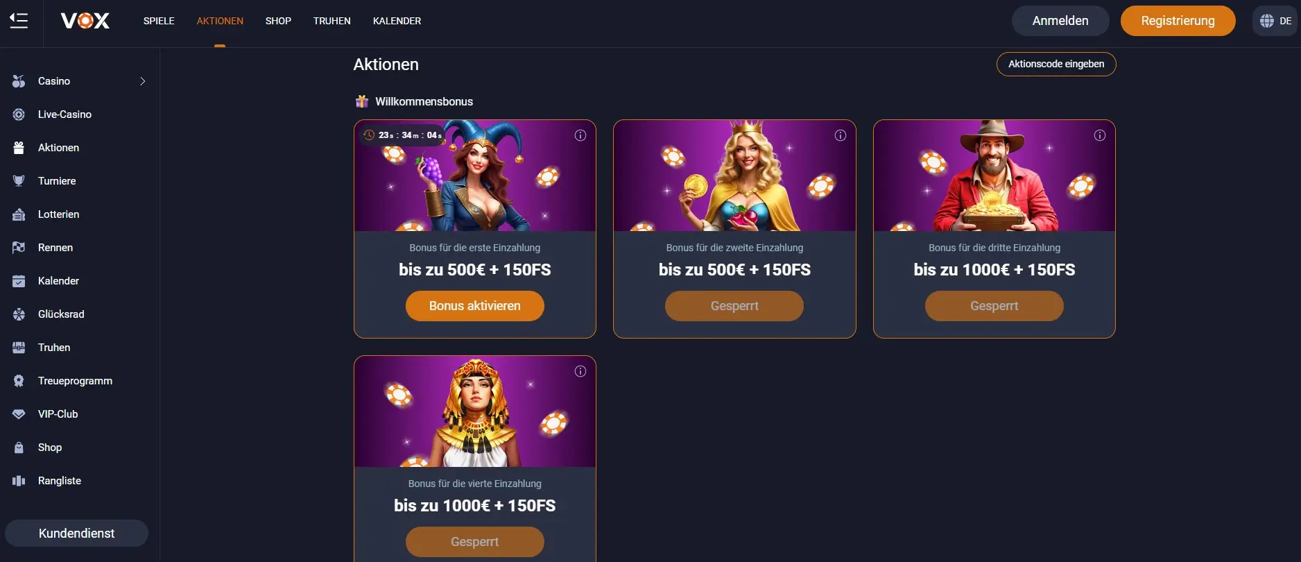 Screenshot der Aktionsseite von VOX Casino