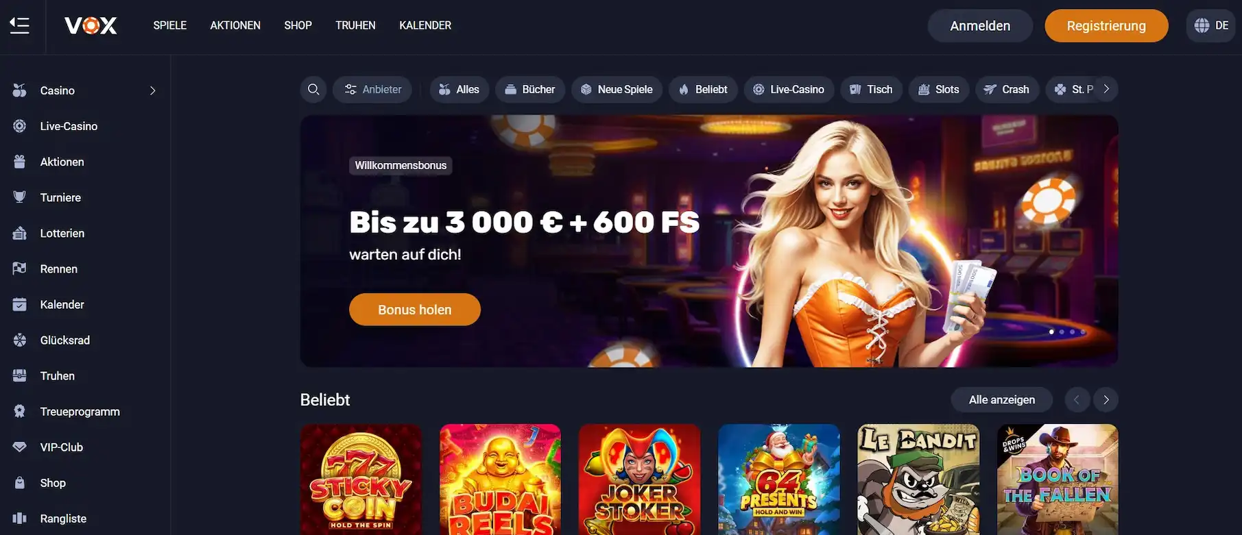 Screenshot der VOX Casino Startseite