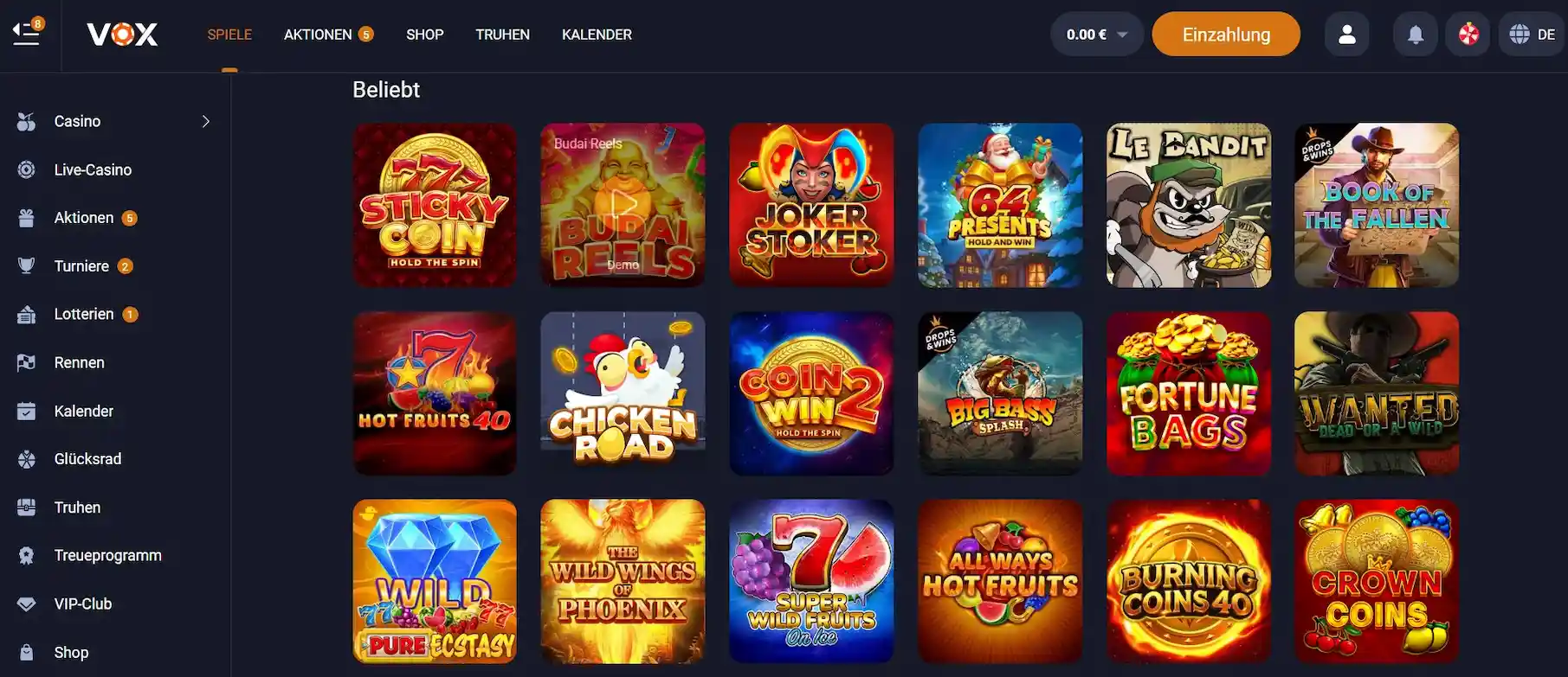 Screenshot der Spielauswahl von VOX Casino