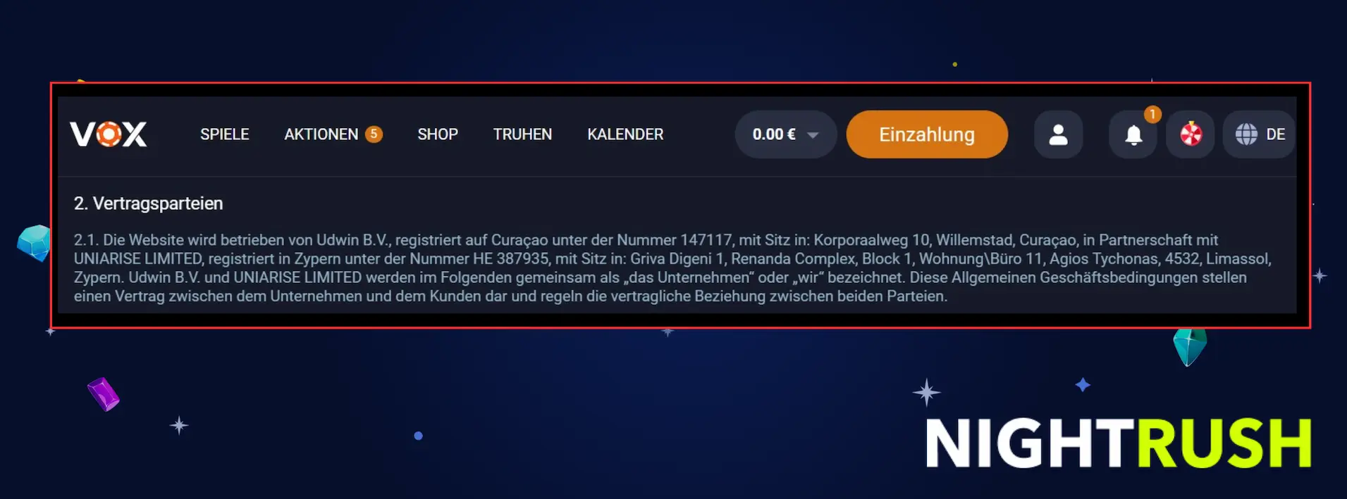 Eine Infobox hebt auf der Vox Casino Webseite den Abschnitt 2.1 hervor.