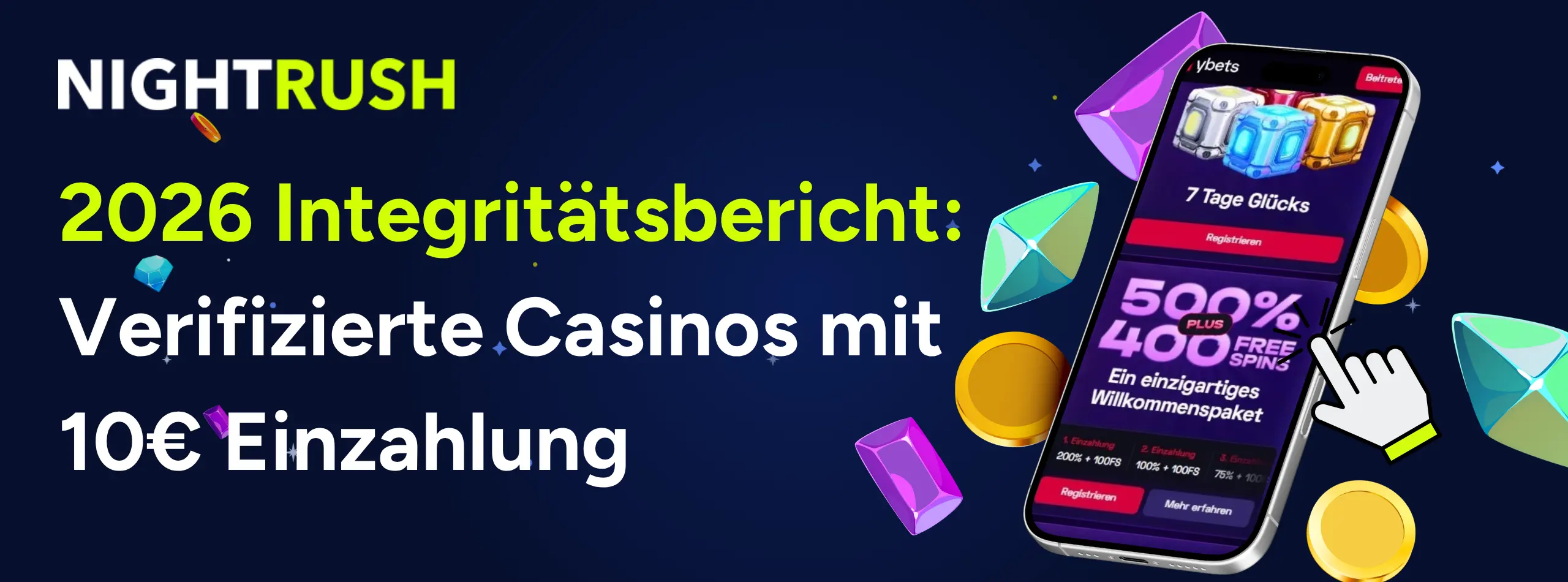 Nightrush Integritätsbericht zeigt Willkommensbonus im Casino auf dem Handybildschirm.